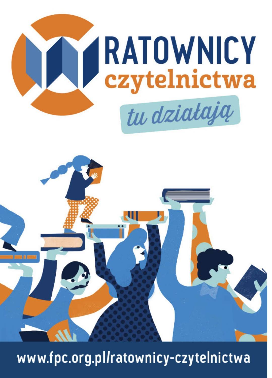 Plakat promujący akcję Ratowniczy czytelnictwa przedstawiający ludzi z książkami